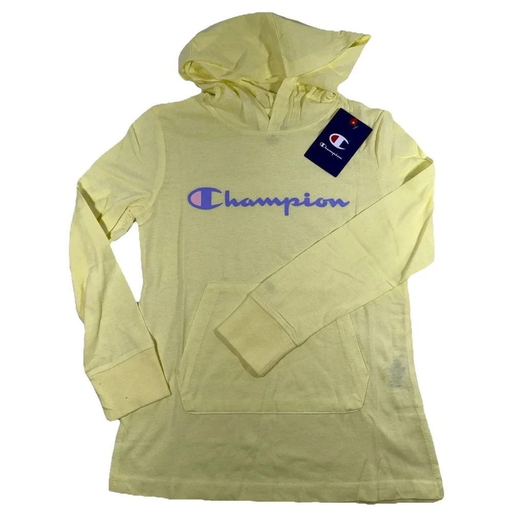 Champion Girls Yellow Lightweight Long Sleeve Hoodie Logo Shirt Top Size Medium‎